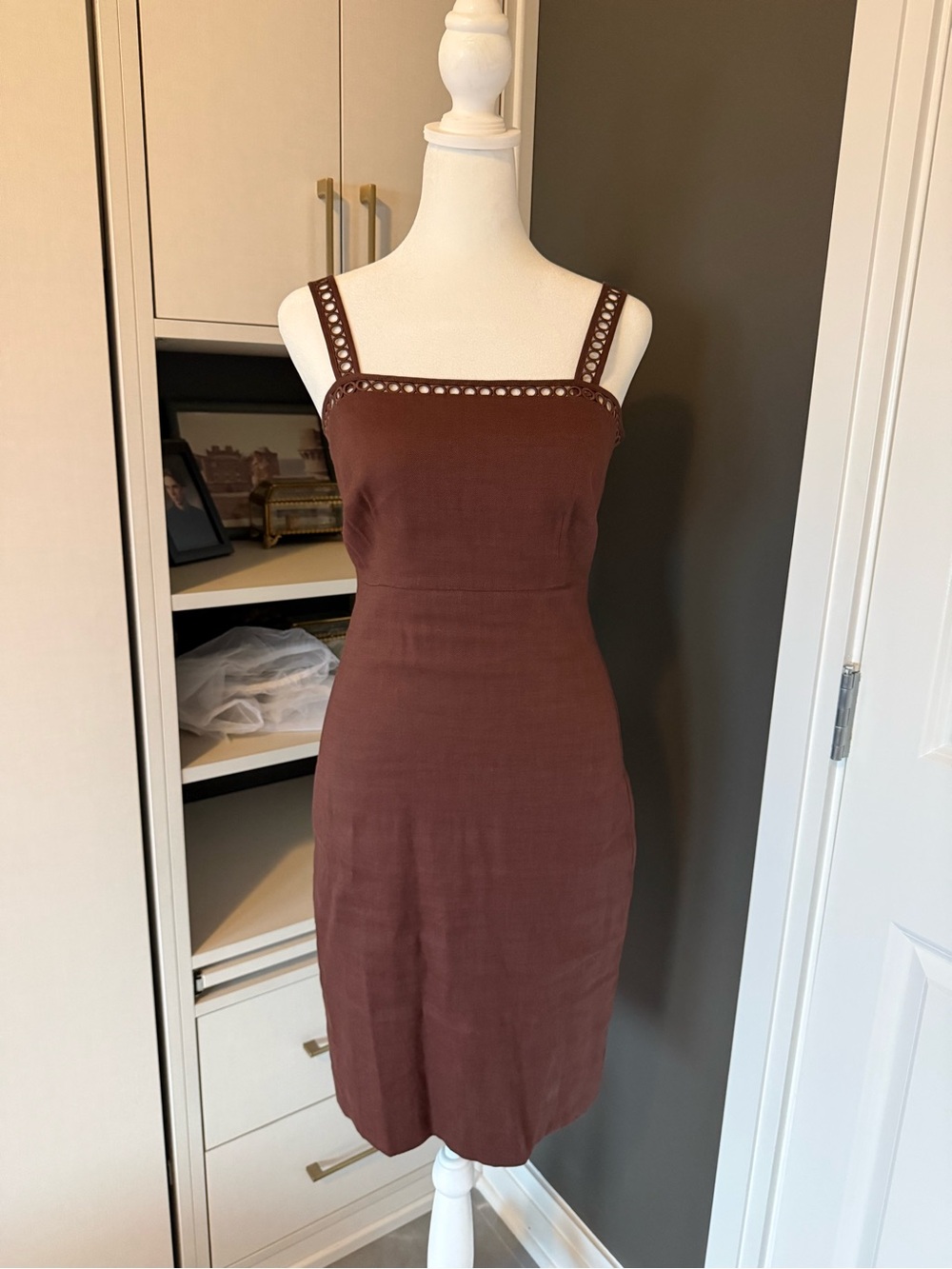 Ann Taylor Brown Eyelet-Trim Square-Neck Midi Dress